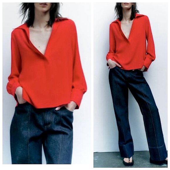 Zara Red Flowy Blouse Size Medium - Picture 1 of 10